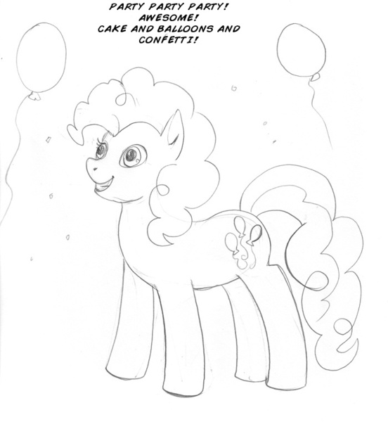 Size: 700x761 | Tagged: safe, artist:arania, derpibooru import, pinkie pie, earth pony, pony, balloon, character to character, confetti, dialogue, female, grin, human to pony, image, jpeg, mare, monochrome, smiling, solo, that pony sure does love balloons, transformation, transformation sequence