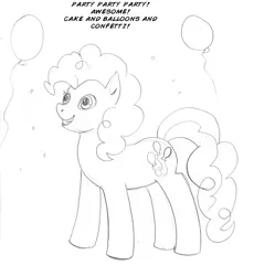 Size: 700x761 | Tagged: safe, artist:arania, derpibooru import, pinkie pie, earth pony, pony, balloon, character to character, confetti, dialogue, female, grin, human to pony, image, jpeg, mare, monochrome, smiling, solo, that pony sure does love balloons, transformation, transformation sequence