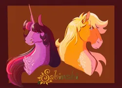 Size: 1889x1358 | Tagged: safe, artist:sabiwabii, derpibooru import, applejack, twilight sparkle, earth pony, pony, unicorn, brown background, bust, chest fluff, duo, duo female, female, hoers, image, jpeg, lesbian, mare, ship:twijack, shipping, signature, simple background, unicorn twilight, wrong eye color