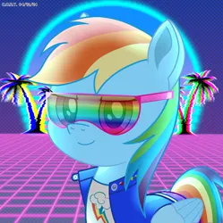 Size: 1980x1986 | Tagged: safe, artist:codenamekid, derpibooru import, rainbow dash, pegasus, pony, clothes, dots, error, female, g4, gemstones, glitch, gradient, grid, highlights, image, jacket, looking at you, mare, multicolored hair, neon, outrun, palm tree, pants, png, rainbow hair, rainbow-tinted glasses, retrowave, shading, shirt, snap button, solo, solo female, sun, sunglasses, tinted glasses, tree, watermark
