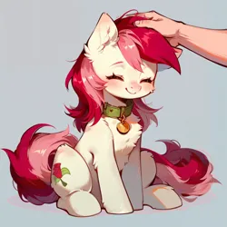 Size: 1024x1024 | Tagged: safe, ai content, derpibooru import, machine learning generated, prompter:doom9454, stable diffusion, roseluck, human, pony, behaving like a cat, collar, cute, eyes closed, fluffy, generator:pony diffusion v6 xl, hand, image, offscreen character, offscreen human, pet tag, petting, png, pony pet, rosepet, sitting