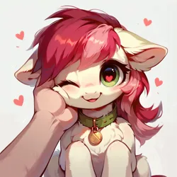 Size: 1024x1024 | Tagged: safe, ai content, derpibooru import, machine learning generated, prompter:doom9454, stable diffusion, roseluck, human, pony, behaving like a cat, collar, cute, floppy ears, fluffy, generator:pony diffusion v6 xl, hand, hand on cheek, heart, heart eyes, image, looking at you, offscreen character, offscreen human, one eye closed, open mouth, open smile, pet tag, petting, png, pony pet, pov, rosepet, smiling, smiling at you, wingding eyes