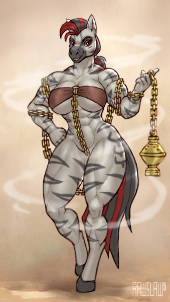 Size: 1403x2480 | Tagged: suggestive, artist:rawslaw, derpibooru import, oc, oc:liana, anthro, unguligrade anthro, zebra, abs, biceps, big breasts, breasts, chains, cleavage, female, image, jpeg, looking at you, muscles, muscular female, solo, thighs, thunder thighs, thurible, underboob