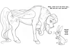 Size: 1361x900 | Tagged: suggestive, artist:arania, derpibooru import, angel bunny, fluttershy, pegasus, pony, rabbit, animal, crotchboobs, cute, dialogue, duo, hoers, human to pony, image, jpeg, looking at someone, male to female, monochrome, nudity, profile, raised hoof, rule 63, teats, transformation, transformation sequence, transgender transformation
