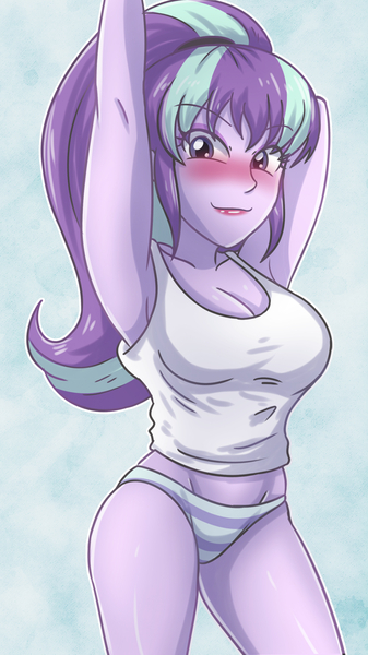 Size: 1557x2775 | Tagged: suggestive, artist:sumin6301, derpibooru import, starlight glimmer, human, armpits, bangs, blushing, breasts, busty starlight glimmer, cleavage, clothes, eyebrows, eyebrows visible through hair, eyeshadow, female, g4, image, jpeg, legs, lipstick, looking at you, makeup, midriff, panties, ponytail, shirt, sleeveless, smiling, smiling at you, solo, squint, striped panties, striped underwear, tanktop, thighs, underwear