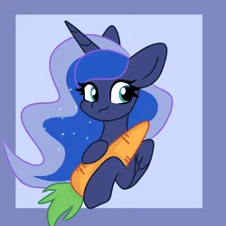 Size: 1600x1600 | Tagged: safe, artist:shirley., derpibooru import, princess luna, alicorn, pony, :3, abstract background, bust, carrot, female, food, image, mare, png, portrait, solo