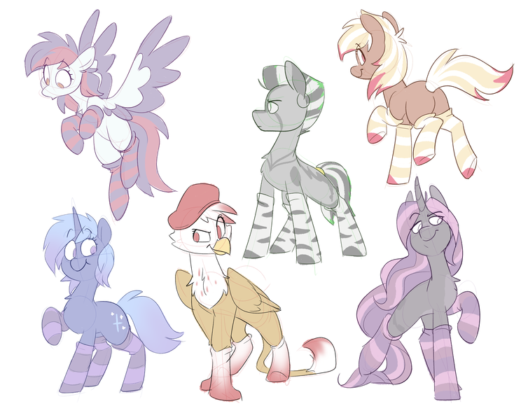 Size: 3800x3066 | Tagged: safe, artist:luximus17, derpibooru import, oc, oc:deflora, oc:gina, oc:helix, oc:lamington, oc:sarif, earth pony, gryphon, pegasus, pony, unicorn, zebra, clothes, horn, image, png, socks