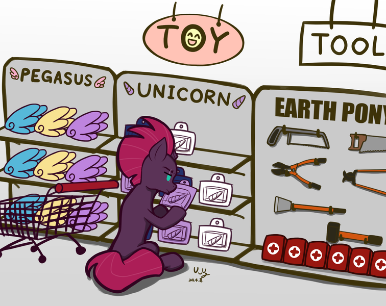 Size: 1260x1000 | Tagged: safe, artist:the-park, derpibooru import, fizzlepop berrytwist, tempest shadow, pony, unicorn, first aid kit, horn, image, png, saw, shopping, shopping cart, simple background, solo, toy, white background, wings