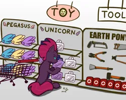 Size: 1260x1000 | Tagged: safe, artist:the-park, derpibooru import, fizzlepop berrytwist, tempest shadow, pony, unicorn, first aid kit, horn, image, png, saw, shopping, shopping cart, simple background, solo, toy, white background, wings