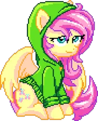 Size: 910x1120 | Tagged: safe, artist:epicvon, artist:godoffury, derpibooru import, fluttershy, pegasus, pony, clothes, female, g4, hoodie, image, manepxls, mare, pixel art, png, pxls.space, simple background, solo, spread wings, transparent background, wings