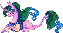 Size: 988x512 | Tagged: safe, artist:epicvon, artist:marbola, derpibooru import, mistmane, classical unicorn, pony, unicorn, clothes, cloven hooves, curved horn, eyes closed, female, g4, horn, image, leonine tail, lying down, manepxls, mare, pixel art, png, prone, pxls.space, shirt, simple background, smiling, solo, tail, transparent background, unshorn fetlocks