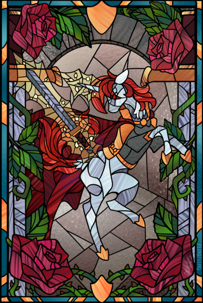 Size: 2403x3600 | Tagged: safe, artist:skuttz, derpibooru import, oc, oc:mercy, pony, unicorn, armor, cape, clothes, flower, horn, image, png, rose, solo, stained glass, sword, weapon