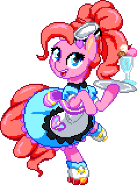 Size: 944x1272 | Tagged: safe, artist:dstears, artist:epicvon, derpibooru import, pinkie pie, ponified, earth pony, pony, coinky-dink world, eqg summertime shorts, equestria girls, bow, clothes, cute, dress, equestria girls ponified, female, food, hair bow, hat, ice cream, image, looking at you, manepxls, mare, open mouth, pixel art, png, pxls.space, roller skates, server pinkie pie, simple background, skates, skating, smiling, solo, transparent background, waitress