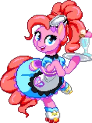 Size: 944x1272 | Tagged: safe, artist:dstears, artist:epicvon, derpibooru import, pinkie pie, ponified, earth pony, pony, coinky-dink world, eqg summertime shorts, equestria girls, bow, clothes, cute, dress, equestria girls ponified, female, food, hair bow, hat, ice cream, image, looking at you, manepxls, mare, open mouth, pixel art, png, pxls.space, roller skates, server pinkie pie, simple background, skates, skating, smiling, solo, transparent background, waitress