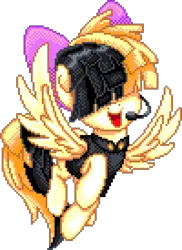 Size: 1000x1370 | Tagged: safe, artist:dasheroni, derpibooru import, songbird serenade, pegasus, pony, my little pony: the movie, bow, female, flying, g4, hair bow, hair over eyes, headworn microphone, image, manepxls, mare, microphone, open mouth, pixel art, png, pxls.space, sia (singer), simple background, solo, spread wings, transparent background, wings