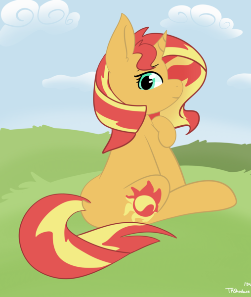 Size: 2424x2864 | Tagged: safe, artist:tkshoelace, derpibooru import, sunset shimmer, pony, unicorn, g5, cloud, grassy hills, horn, image, looking over shoulder, png, sitting, solo