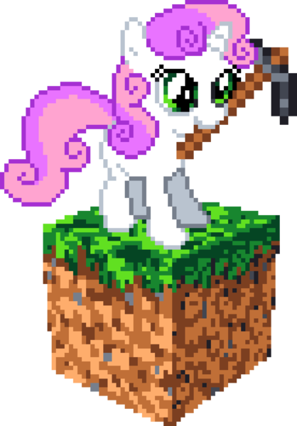 Size: 1035x1485 | Tagged: safe, artist:epicvon, derpibooru import, sweetie belle, pony, unicorn, female, filly, foal, g4, horn, image, manepxls, minecraft, pickaxe, pixel art, png, pxls.space, simple background, solo, transparent background