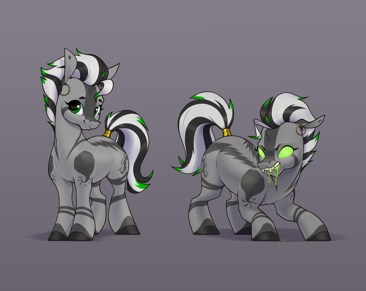 Size: 3775x3000 | Tagged: safe, artist:aquaticvibes, derpibooru import, oc, oc:helix, monster pony, pony, zebra, ear piercing, earring, glowing eyes, image, jewelry, piercing, png, ring, solo, tail, tail ring