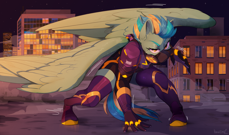 Size: 4241x2507 | Tagged: safe, artist:hakkids2, derpibooru import, oc, oc:vindi, anthro, pegasus, unguligrade anthro, armor, boots, clothes, gas mask, image, mask, png, respirator, rooftop, shadowbolts, shoes, socks, solo, spread wings, superhero landing, thigh boots, thigh highs, wings