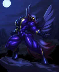 Size: 2700x3300 | Tagged: suggestive, artist:toughset, derpibooru import, oc, oc:velvetine, anthro, pegasus, unguligrade anthro, werewolf, female, full moon, image, moon, muscles, muscular female, png, shadowbolts, solo, transformation