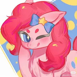 Size: 2108x2108 | Tagged: safe, artist:隔缠, derpibooru import, pinkie pie, earth pony, pony, abstract background, bow, female, hoof on cheek, image, jpeg, looking at you, mare, one eye closed, solo, starry eyes, tongue out, wingding eyes, wink