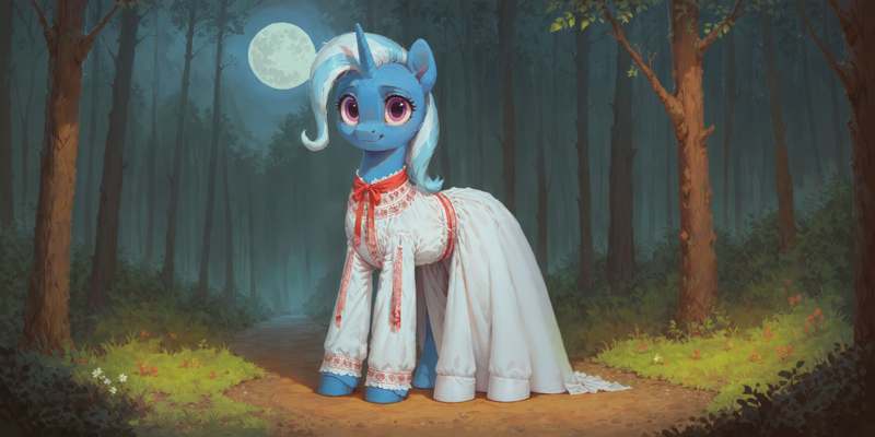 Size: 12288x6144 | Tagged: safe, ai content, derpibooru import, machine learning assisted, machine learning generated, prompter:oranzinispegasiukas, stable diffusion, trixie, pony, unicorn, absurd resolution, clothes, dress, female, forest, forest background, g4, horn, image, moon, png, slavic, smiling, solo, solo female, tree