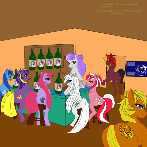 Size: 2000x2000 | Tagged: safe, artist:florablossomhq, derpibooru import, oc, bat pony, earth pony, g1, g2, g3, alcohol, barbackground, g4, image, niclove, nissamurmus, png, remake, wine