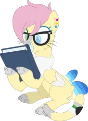 Size: 938x1281 | Tagged: safe, artist:pure-blue-heart, derpibooru import, oc, oc:banana smoothie, unofficial characters only, cat, cat pony, original species, pegasus, pony, blank flank, book, cat paws, cat tail, ear piercing, earring, female, fluffy, glasses, heterochromia, image, jewelry, mare, mare oc, paws, pegasus oc, piercing, png, pride, pridesona, simple background, sitting, tail, transparent background, watermark, wings
