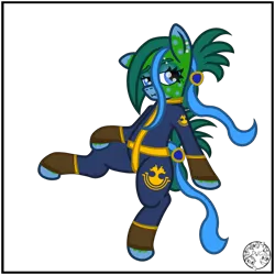 Size: 2000x2000 | Tagged: safe, artist:dice-warwick, derpibooru import, oc, oc:tapper tablature, unofficial characters only, original species, pony, fallout equestria, fallout equestria: dance of the orthrus, beauty mark, clothes, ear piercing, eyebrow piercing, eyebrows, fanfic art, female, image, jumpsuit, mare, mirage pony, piercing, png, simple background, solo, spots, transparent background, vault suit