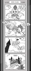 Size: 1451x3300 | Tagged: safe, artist:loreto-arts, derpibooru import, princess celestia, spike, dragon, pony, comic:friendship is innuendo, comic:friendship is innuendo vol. 2, castle of the royal pony sisters, flying, image, monochrome, png, winged spike, wings
