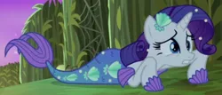 Size: 1827x781 | Tagged: safe, derpibooru import, screencap, rarity, mermaid, merpony, scare master, cropped, fish tail, g4, image, mermaid tail, mermaidized, mermarity, png, seashell, solo, species swap, tail, transformed, what happened to me