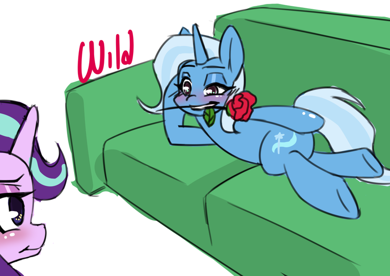 Size: 1052x744 | Tagged: safe, artist:chiefywiffy, derpibooru import, starlight glimmer, trixie, pony, unicorn, couch, draw me like one of your french girls, female, flower, horn, image, lesbian, lying down, mare, mouth hold, png, prone, simple background, white background