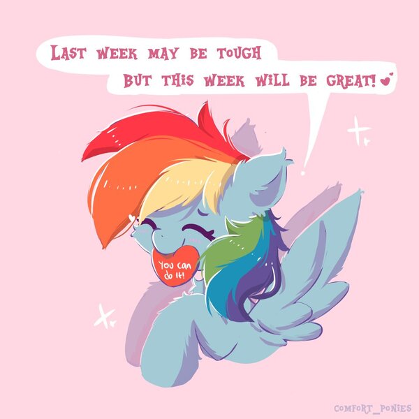 Size: 1000x1000 | Tagged: safe, artist:comfort_ponies, derpibooru import, rainbow dash, pegasus, pony, cheering, eyes closed, female, fluffy, g4, heart, image, jpeg, pink background, positive ponies, simple background, smiling, solo, text