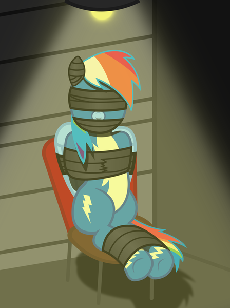 Size: 2394x3209 | Tagged: safe, artist:cardshark777, derpibooru import, rainbow dash, pegasus, pony, blindfold, bondage, bound and gagged, bound wings, chair, clothes, corner, digital art, female, g4, gag, garage door, helpless, hooves behind back, image, lamp, mare, png, rainbond dash, shadow, sitting, solo, tape, tape bondage, tape gag, tied up, uniform, wings, wonderbolts uniform