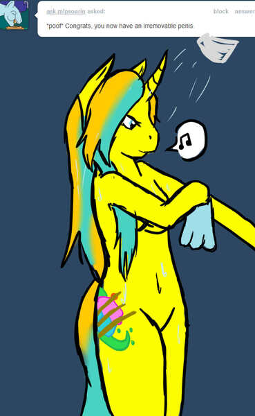 Size: 576x936 | Tagged: suggestive, artist:dreamsdoodles, derpibooru import, oc, oc:dream baker, anthro, unicorn, ask, female, female oc, horn, image, jpeg, music notes, nudity, scar, shower, tumblr, unicorn oc, washcloth, washing, wet, wet mane