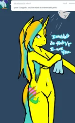 Size: 576x936 | Tagged: suggestive, artist:dreamsdoodles, derpibooru import, oc, oc:dream baker, anthro, unicorn, ask, dialogue, female, female oc, horn, image, jpeg, music notes, nudity, scar, shower, tumblr, unicorn oc, washcloth, washing, wet, wet mane