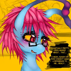Size: 1100x1100 | Tagged: safe, artist:slugbox, derpibooru import, oc, oc:cteno, unofficial characters only, goo, goo pony, original species, pony, blushing, female, glasses, image, mare, png, solo, solo female, speech bubble