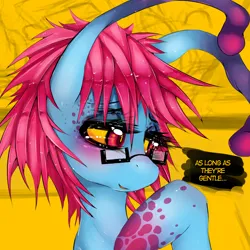 Size: 1100x1100 | Tagged: safe, artist:slugbox, derpibooru import, oc, oc:cteno, unofficial characters only, goo, goo pony, original species, pony, blushing, female, glasses, image, mare, png, solo, solo female, speech bubble