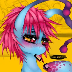 Size: 1100x1100 | Tagged: safe, artist:slugbox, derpibooru import, oc, oc:cteno, unofficial characters only, goo, goo pony, original species, pony, blushing, female, glasses, glasses in mouth, image, mare, png, solo, solo female, speech bubble