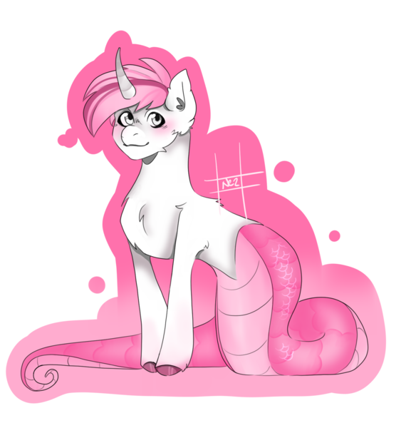 Size: 1500x1600 | Tagged: safe, artist:nezrinxo, derpibooru import, oc, oc:sweet irony, unofficial characters only, lamia, original species, pony, unicorn, chest fluff, curved horn, female, gradient background, horn, image, mare, partial background, png, smiling, solo