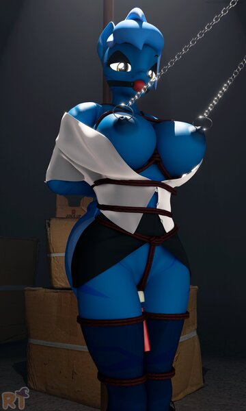 Size: 2458x4096 | Tagged: questionable, artist:riizatensely, ponerpics import, oc, oc:dark straw, unofficial characters only, anthro, 3d, ballgag, bdsm, bondage, breasts, female, gag, harness, image, jpeg, nipple chain, nipples, nudity, shibari, tack