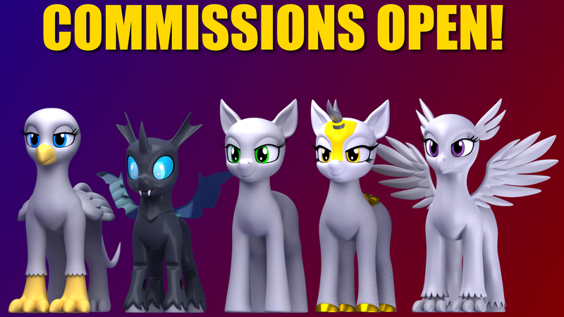 Size: 1920x1080 | Tagged: safe, artist:argos90, derpibooru import, changeling, gryphon, hippogriff, kirin, pony, 3d, 3d model, commission, image, png, your character here