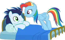 Size: 6614x4157 | Tagged: safe, artist:sollace, derpibooru import, rainbow dash, soarin', pegasus, pony, newbie dash, alternate hairstyle, bed, cute, derpibooru exclusive, duo, dynamic dash, female, g4, image, mane swap, mare, png, pun, sauron, side view, simple background, smiling, transparent background, vector