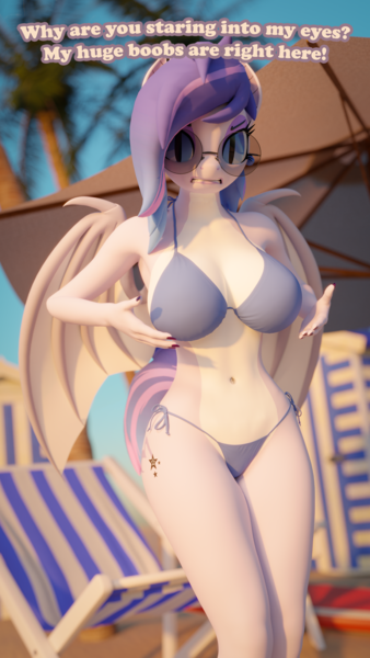 Size: 2160x3840 | Tagged: suggestive, artist:arcanetesla, derpibooru import, oc, oc:cynthia, anthro, bat pony, 3d, bat wings, bikini, bikini bottom, bikini top, blender, breasts, busty oc, clothes, commission, image, png, sunglasses, swimsuit, wings, ych result