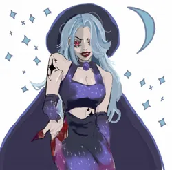 Size: 1280x1263 | Tagged: semi-grimdark, artist:motreeen, derpibooru import, trixie, human, undead, vampire, alternate hairstyle, blood, cape, clothes, dress, evening gloves, fangs, female, gloves, hat, humanized, image, jpeg, lipstick, long gloves, midriff, nail polish, red eyes take warning, simple background, solo, tattoo, trixie's cape, trixie's hat, white background
