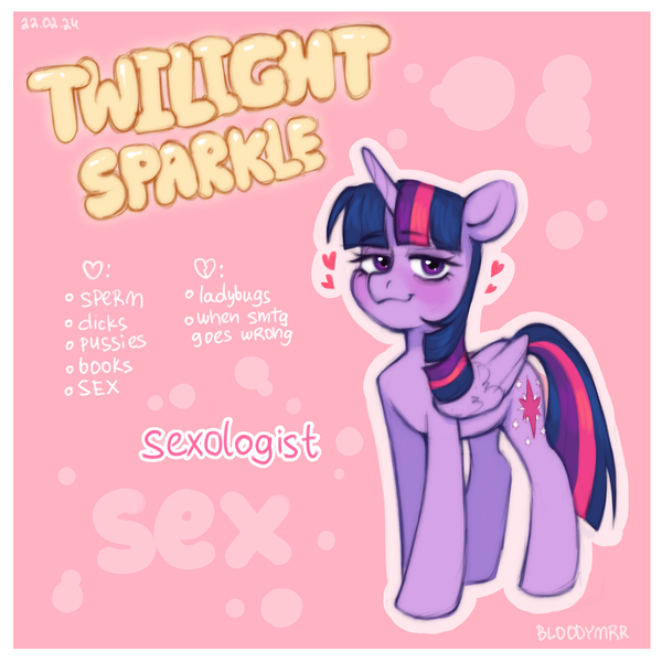 Size: 3000x3000 | Tagged: suggestive, artist:bloodymrr, derpibooru import, twilight sparkle, twilight sparkle (alicorn), alicorn, pony, alternate universe, blushing, female, g4, heart, image, looking at you, pink background, png, purple eyes, purple hair, simple background, smiling, smiling at you, solo, text