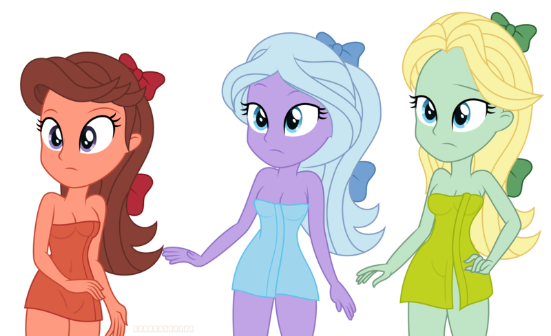 Size: 4111x2511 | Tagged: suggestive, artist:starcollider, derpibooru import, dear darling, fond feather, swoon song, equestria girls, .svg available, bimbettes, bow, breasts, clothes, derpibooru exclusive, equestria girls-ified, female, g4, hair bow, image, png, simple background, towel, transparent background, trio, trio female, underwear, vector