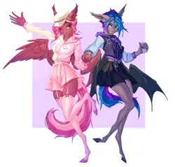 Size: 2553x2444 | Tagged: safe, artist:ls0tapok, derpibooru import, oc, oc:lyssa, oc:zeny, unofficial characters only, anthro, bat pony, pegasus, plantigrade anthro, pony, abstract background, bat pony oc, bat wings, cap, choker, clothes, duo, duo female, ear fluff, ear piercing, face paint, fangs, female, garter belt, garters, hat, holding hands, hoodie, image, jacket, jewelry, mare, phone, piercing, pin, pleated skirt, png, pose, siblings, sisters, skirt, socks, standing, stockings, symbol, thigh highs, varsity jacket, wings