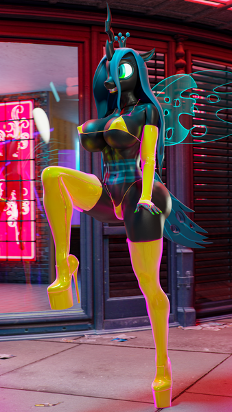 Size: 2160x3840 | Tagged: suggestive, artist:vladichslg, derpibooru import, queen chrysalis, anthro, changeling, changeling queen, 3d, 4k, ass, big breasts, bikini, bimbo, bimbo chrysalis, body control, boots, breasts, bugbutt, butt, clothes, enchanted, erect nipples, female, gloves, gold, golden, grin, high heel boots, high heels, high res, image, large butt, latex, latex boots, latex gloves, lipstick, marching, png, shoes, smiling, solo, swimsuit