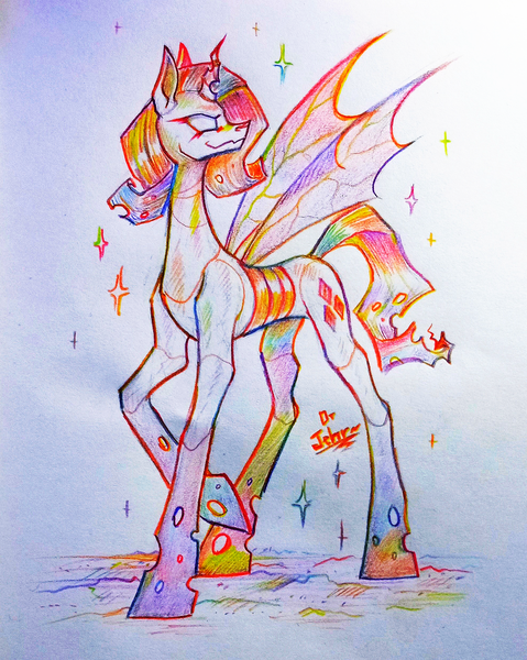 Size: 1975x2476 | Tagged: safe, artist:jehr, derpibooru import, rarity, changeling, unicorn, changeling wings, changelingified, colored pencil drawing, holes, horn, image, long legs, long neck, long pony, paper, pencil drawing, png, rainbow, solo, sparkles, species swap, traditional art, wings